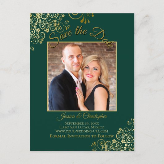 Gold op Emerald Green Wedding Save the Date Photo Aankondigingskaart (Voorkant)