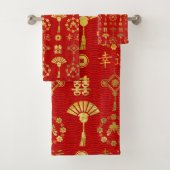Gold op Red Lucky Chinese Symbols Pattern Bad Handdoek (Insitu)