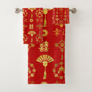 Gold op Red Lucky Chinese Symbols Pattern Bad Handdoek