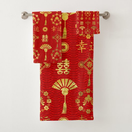 Gold op Red Lucky Chinese Symbols Pattern Bad Handdoek (Insitu)