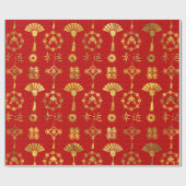 Gold op Red Lucky Chinese Symbols Pattern Cadeaupapier (Vlak)