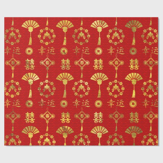 Gold op Red Lucky Chinese Symbols Pattern Cadeaupapier (Vlak)