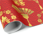 Gold op Red Lucky Chinese Symbols Pattern Cadeaupapier (Rol Hoek)