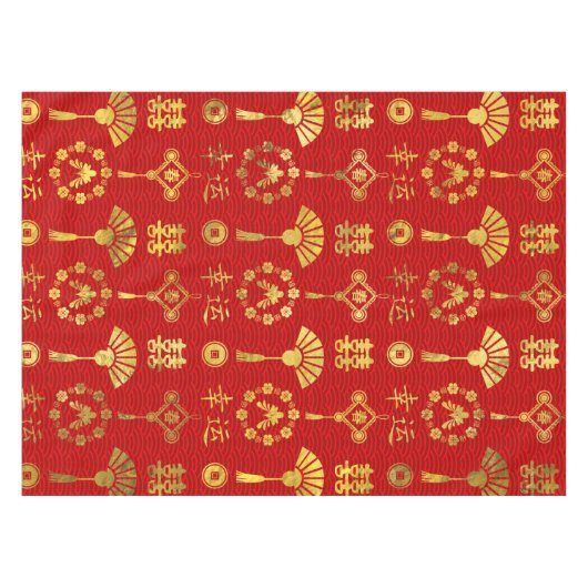 Gold op Red Lucky Chinese Symbols Pattern Tafelkleed (Voorkant (Horizontaal))
