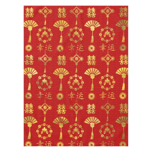 Gold op Red Lucky Chinese Symbols Pattern Tafelkleed (Voorkant)