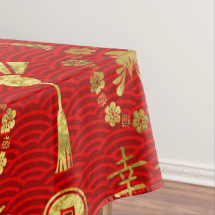 Gold op Red Lucky Chinese Symbols Pattern Tafelkleed