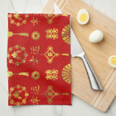 Gold op Red Lucky Chinese Symbols Pattern Theedoek (Quarter Fold)