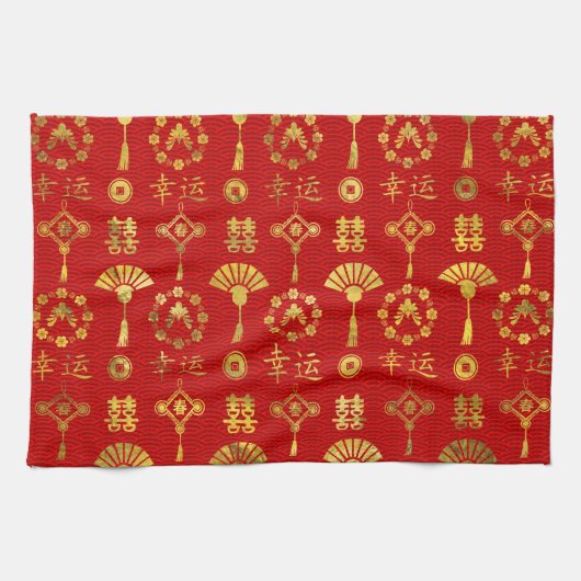 Gold op Red Lucky Chinese Symbols Pattern Theedoek (Horizontaal)