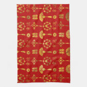 Gold op Red Lucky Chinese Symbols Pattern Theedoek (Verticaal)
