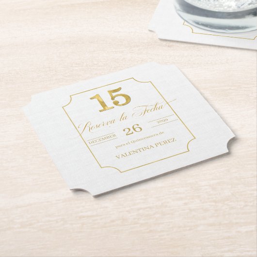 Gold op White Quinceanera Spaans Sparen de Datum Kartonnen Onderzetters (Gekanteld)