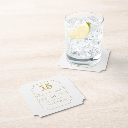 Gold op White Quinceanera Spaans Sparen de Datum Kartonnen Onderzetters (Insitu)