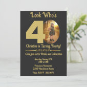 Gold op zwart met foto 40th Birthday Invitation Kaart (Staand voorkant)