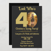 Gold op zwart met foto 40th Birthday Invitation Kaart (Voorkant / Achterkant)