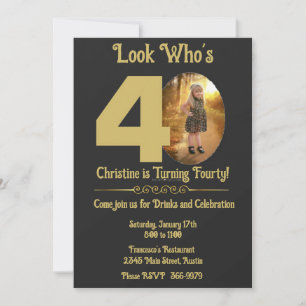 Gold op zwart met foto 40th Birthday Invitation Kaart