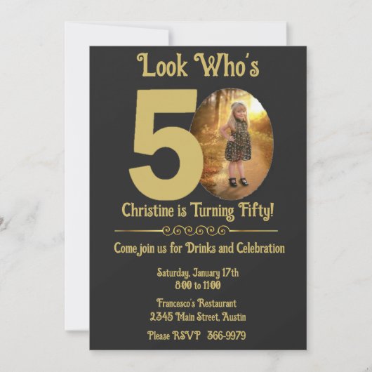 Gold op zwart met foto 50th Birthday Kaart (Voorkant)