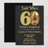 Gold op zwart met foto 60th Birthday Invitation Kaart (Voorkant / Achterkant)