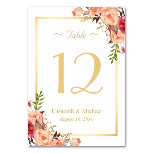 Gold Oranje Roos Floral Chic Wedding Table Number Kaart (Voorkant)