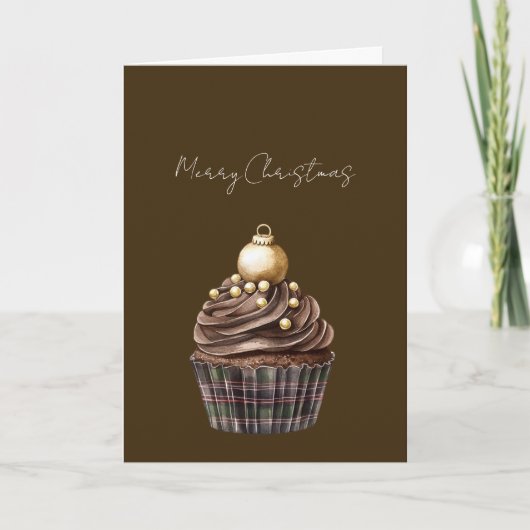Gold Ornament Chocolate Plaid Cupcake Christmas Kaart (Voorkant)