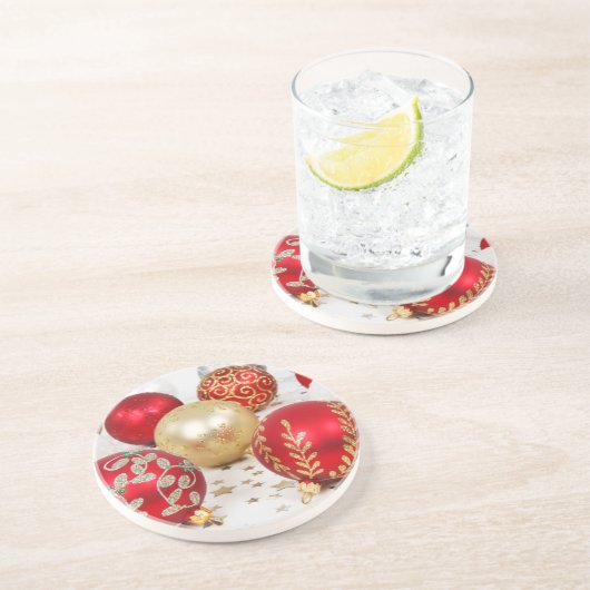 Gold Ornamenten, rode Ornamenten, Kerstmis, glitte Zandsteen Onderzetter (Zijkant)