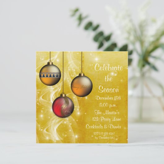 Gold Ornaments Glow Holiday Uitnodiging (Staand voorkant)