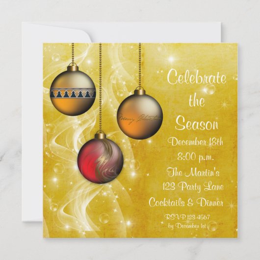 Gold Ornaments Glow Holiday Uitnodiging (Voorkant)