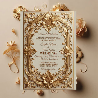 Gold Ornate Baroque Grandeur Floral Motif Wedding  Kaart