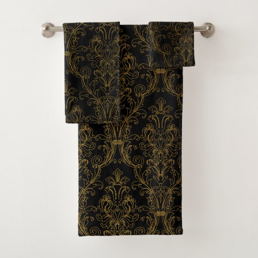 Gold Outline Black Floral Damask Bad Handdoek (Insitu)