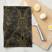 Gold Outline Black Floral Swirls Damask Monogram Theedoek (Quarter Fold)
