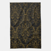 Gold Outline Black Floral Swirls Damask Monogram Theedoek (Verticaal)
