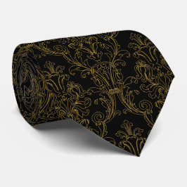 Gold Outline Floral Damask Formal Black Stropdas