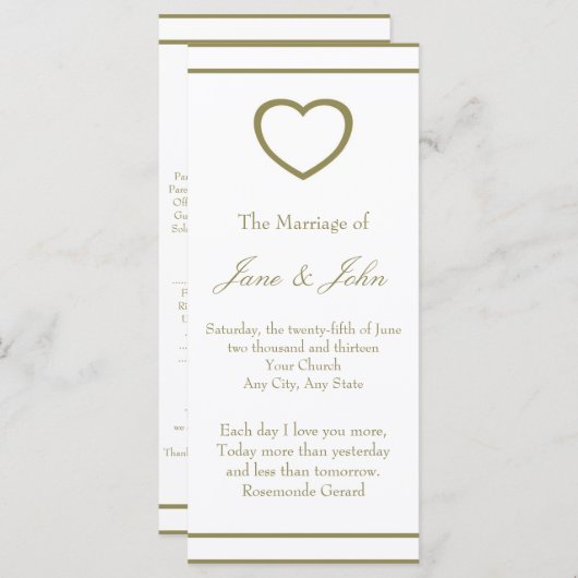 Gold Outline Heart Set Trouwprogramma Programmakaart (Voorkant / Achterkant)