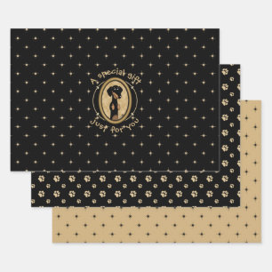 Gold Oval Dachshund Cartoon Portret (zwart-wit) Inpakpapier Vel