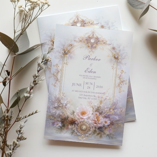Gold Oval Frame Blush Floral Jewel Elegant Wedding Kaart