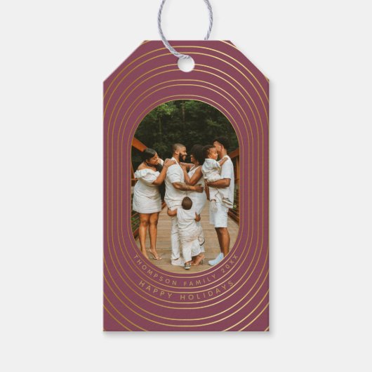 Gold Oval Lijst - Aangepast kerstfeest met foto's Cadeaulabel (Voorkant)