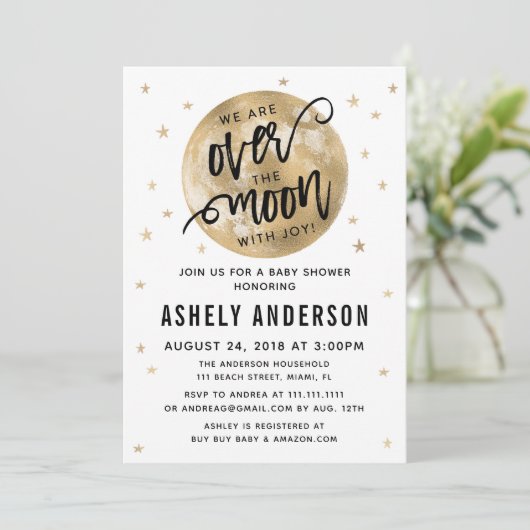 Gold Over The Moon Baby shower Kaart (Staand voorkant)