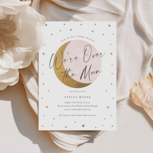 Gold Over the Moon Script Girls Baby shower Kaart