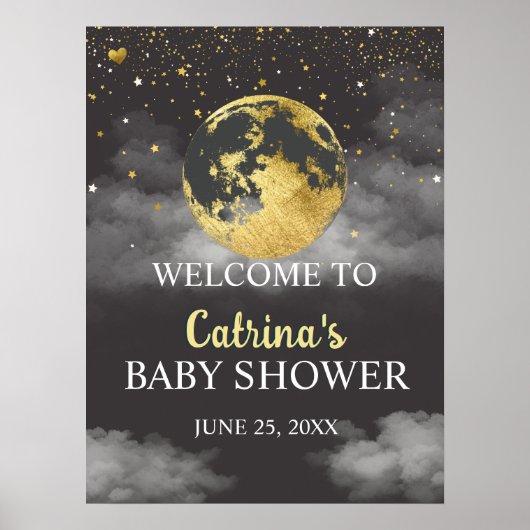 Gold Over the Moon Stars Baby shower Welkomstbord Poster (Voorkant)