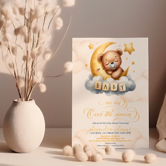 Gold Over the Moon Teddy Bear Baby shower Kaart