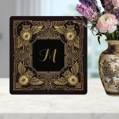 Gold Owl Compass Monogram Art Deco Ceramic Tile Tegeltje