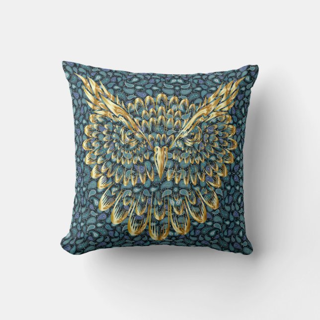 Gold Owl Face op Colorful Paisley Kussen (Voorkant)