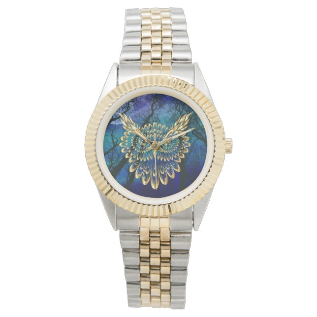Gold Owl Face op woud 's nachts Horloge (Voorkant)