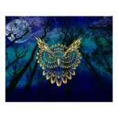 Gold Owl Face op woud 's nachts Perfect Poster (Voorkant)