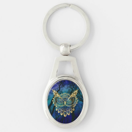 Gold Owl Face op woud 's nachts Sleutelhanger (Voorkant)