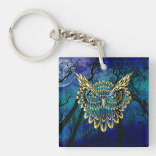 Gold Owl Face op woud 's nachts Sleutelhanger