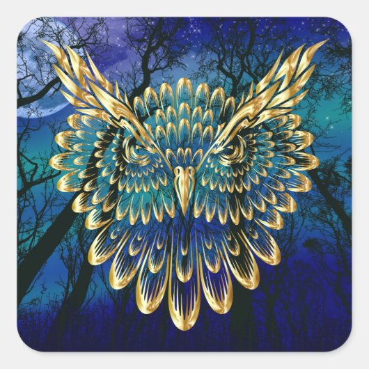 Gold Owl Face op woud 's nachts Vierkante Sticker (Voorkant)