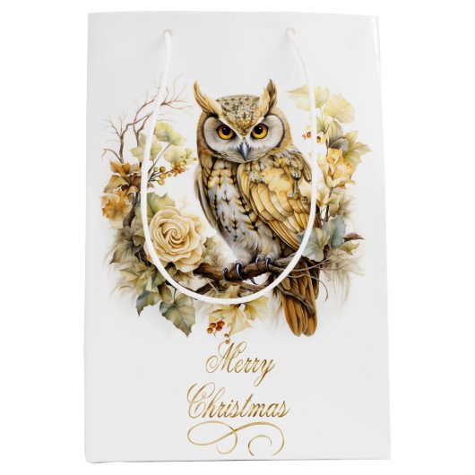 Gold Owl On A Branch Christmas Medium Cadeauzakje (Voorkant)