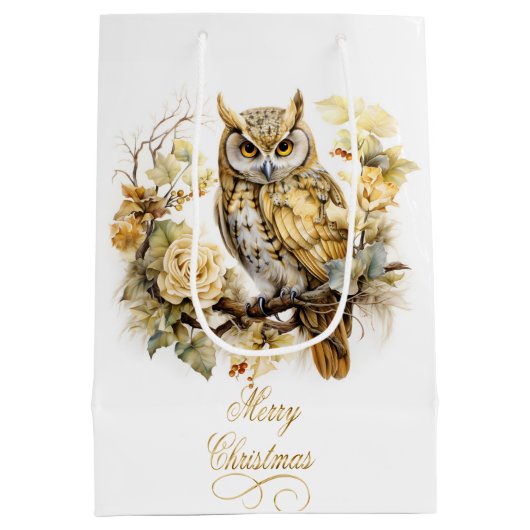 Gold Owl On A Branch Christmas Medium Cadeauzakje (Achterkant)