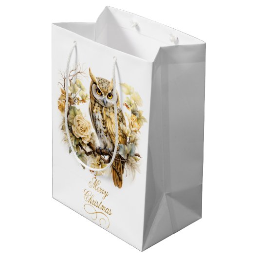 Gold Owl On A Branch Christmas Medium Cadeauzakje (Achterkant Gekanteld)