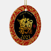 Gold Ox Chinees nieuwjaar 2021 Tekst achterOrnamen Keramisch Ornament (Rechts)