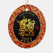 Gold Ox Chinees nieuwjaar 2021 Tekst achterOrnamen Keramisch Ornament (Links)